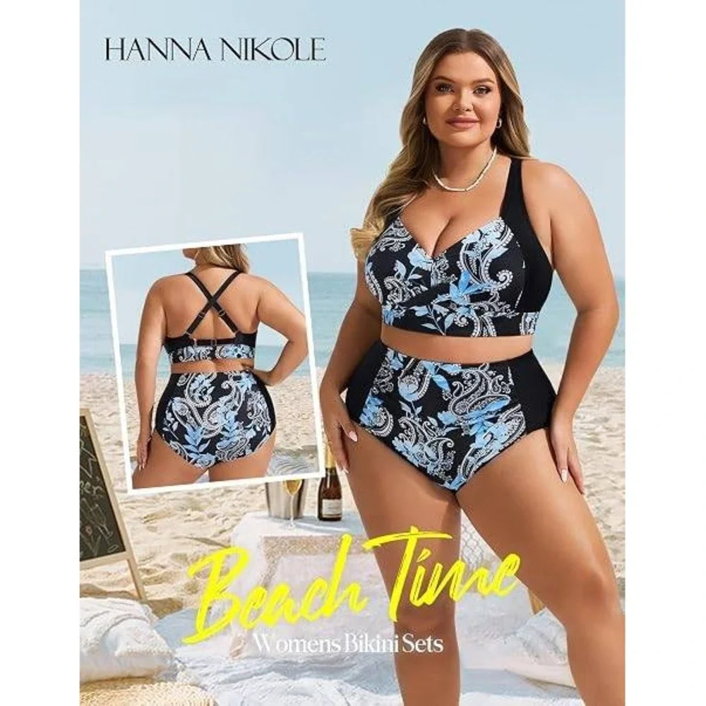 Hanna Nikole Womens Bikini Set Blue Paisley High Waisted Tummy Control New‎ M
